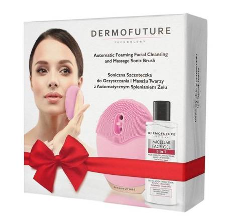 Dermofuture Szczoteczka soniczna do twarzy ze spieniaczem Różowa +Żel micelarny do mycia twarzy 3 w 1 150ml